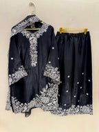 Kashvini Heavy Mal Chanderi Embroidered Sequins Kurti Palazzo with Cutwork Dupatta Set