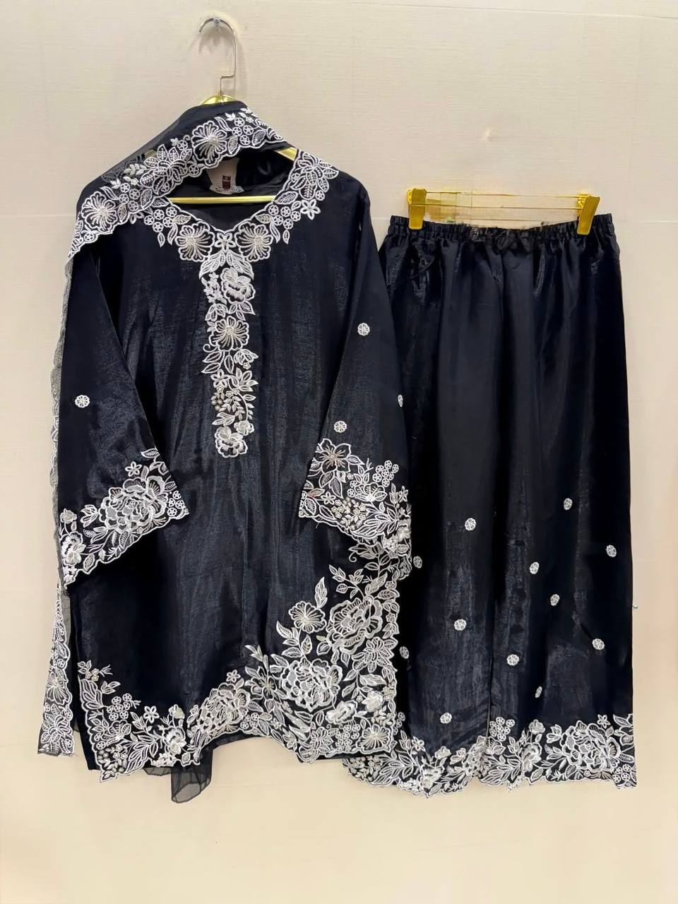 Kashvini Heavy Mal Chanderi Embroidered Sequins Kurti Palazzo with Cutwork Dupatta Set