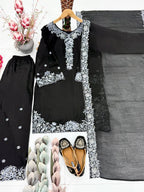 Kashvini Heavy Mal Chanderi Embroidered Sequins Kurti Palazzo with Cutwork Dupatta Set