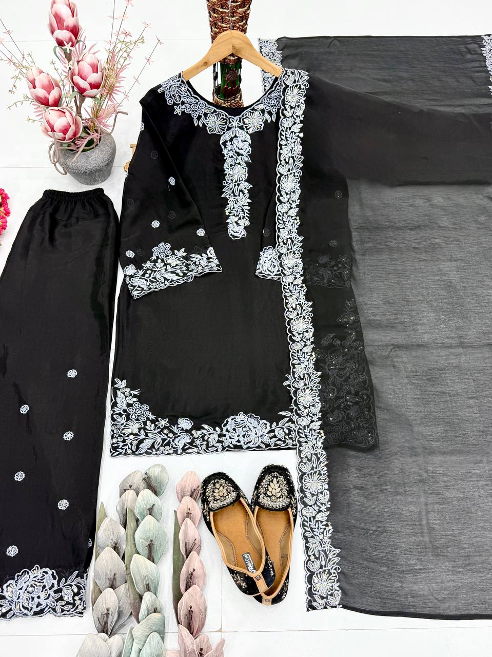 Kashvini Heavy Mal Chanderi Embroidered Sequins Kurti Palazzo with Cutwork Dupatta Set