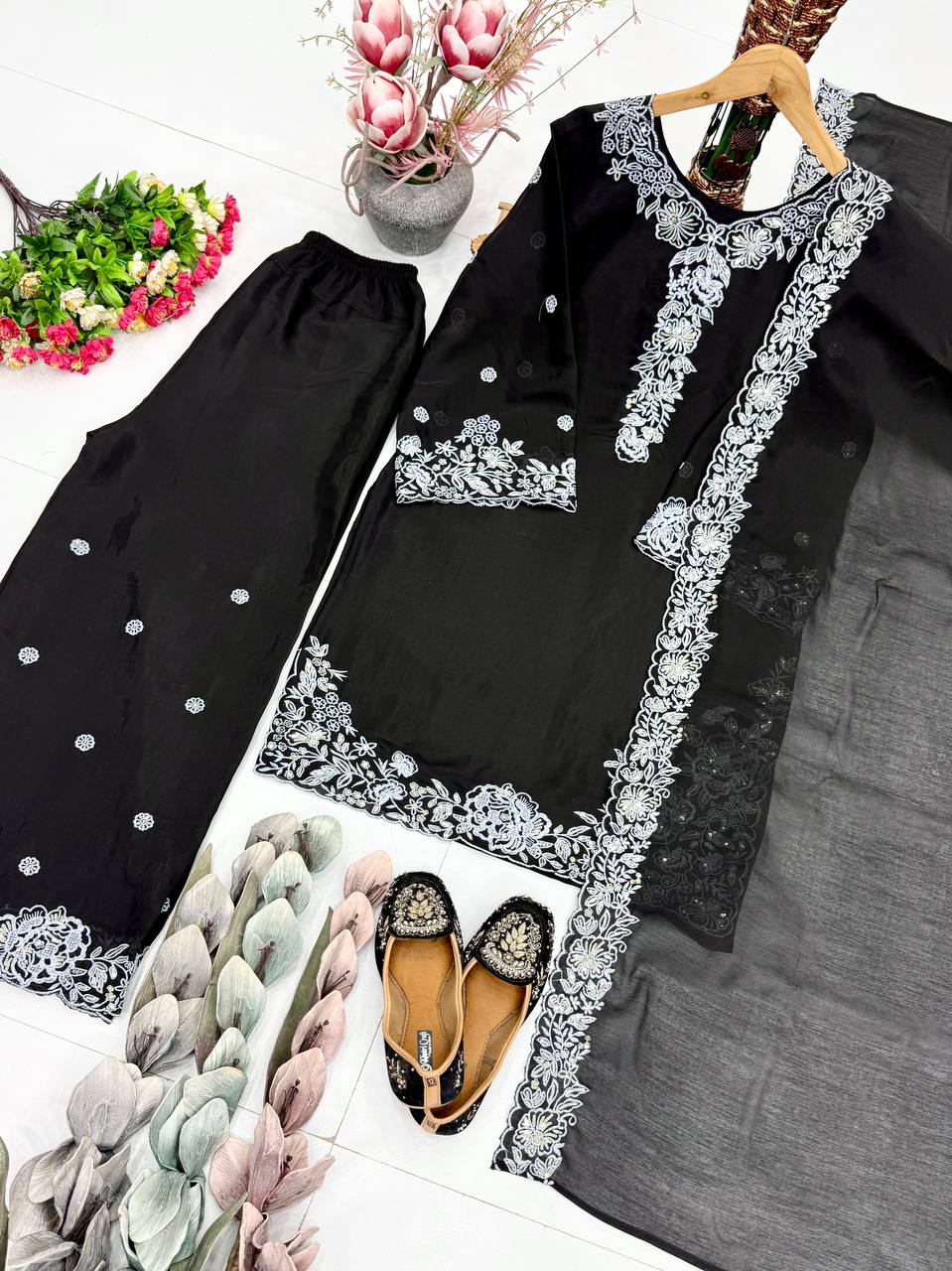 Kashvini Heavy Mal Chanderi Embroidered Sequins Kurti Palazzo with Cutwork Dupatta Set