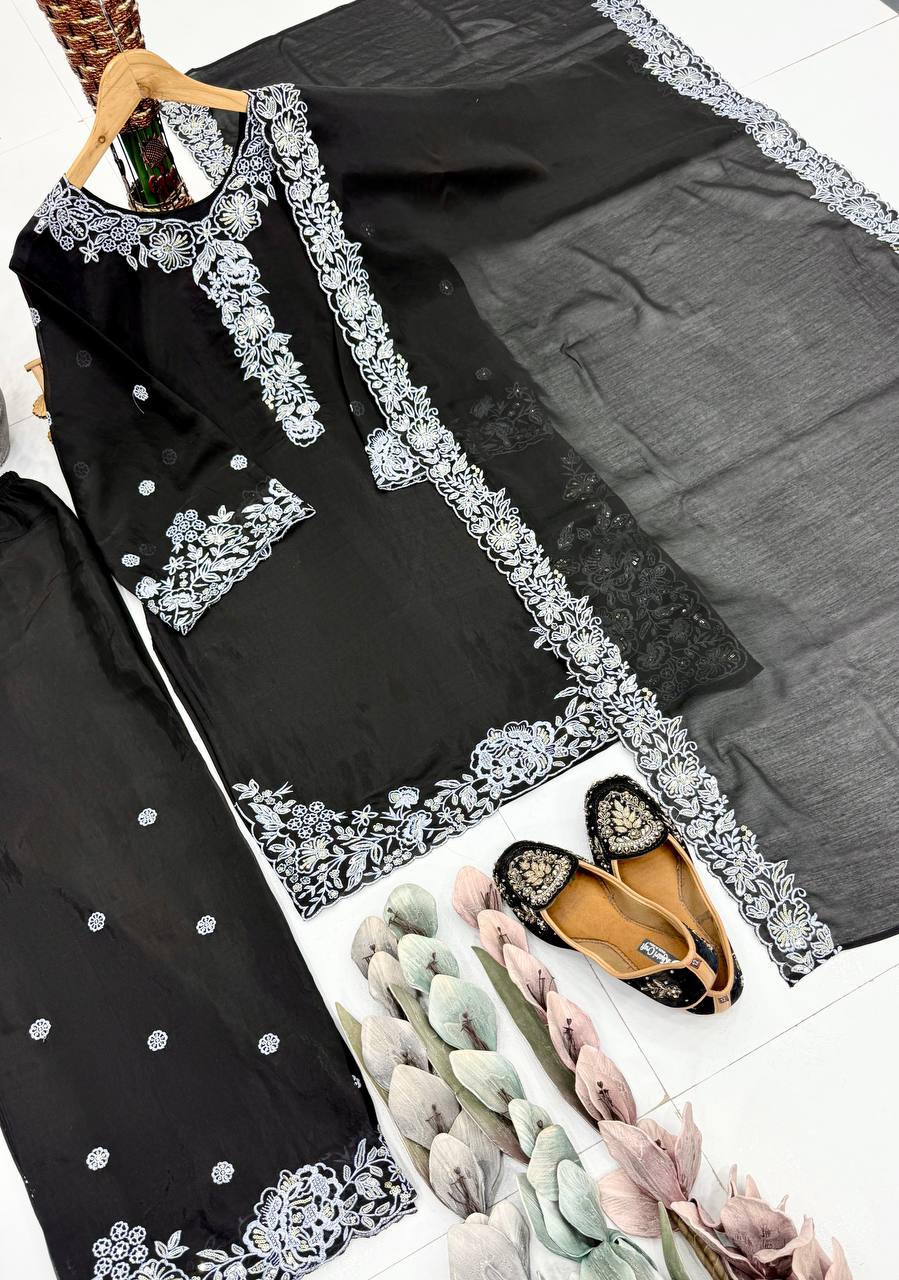 Kashvini Heavy Mal Chanderi Embroidered Sequins Kurti Palazzo with Cutwork Dupatta Set