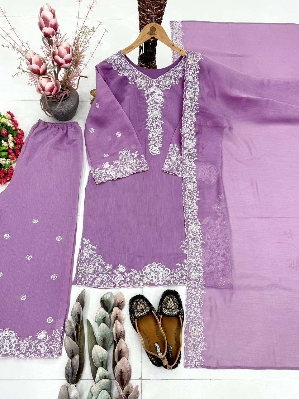 Kashvini Heavy Mal Chanderi Embroidered Sequins Kurti Palazzo with Cutwork Dupatta Set