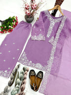 Kashvini Heavy Mal Chanderi Embroidered Sequins Kurti Palazzo with Cutwork Dupatta Set