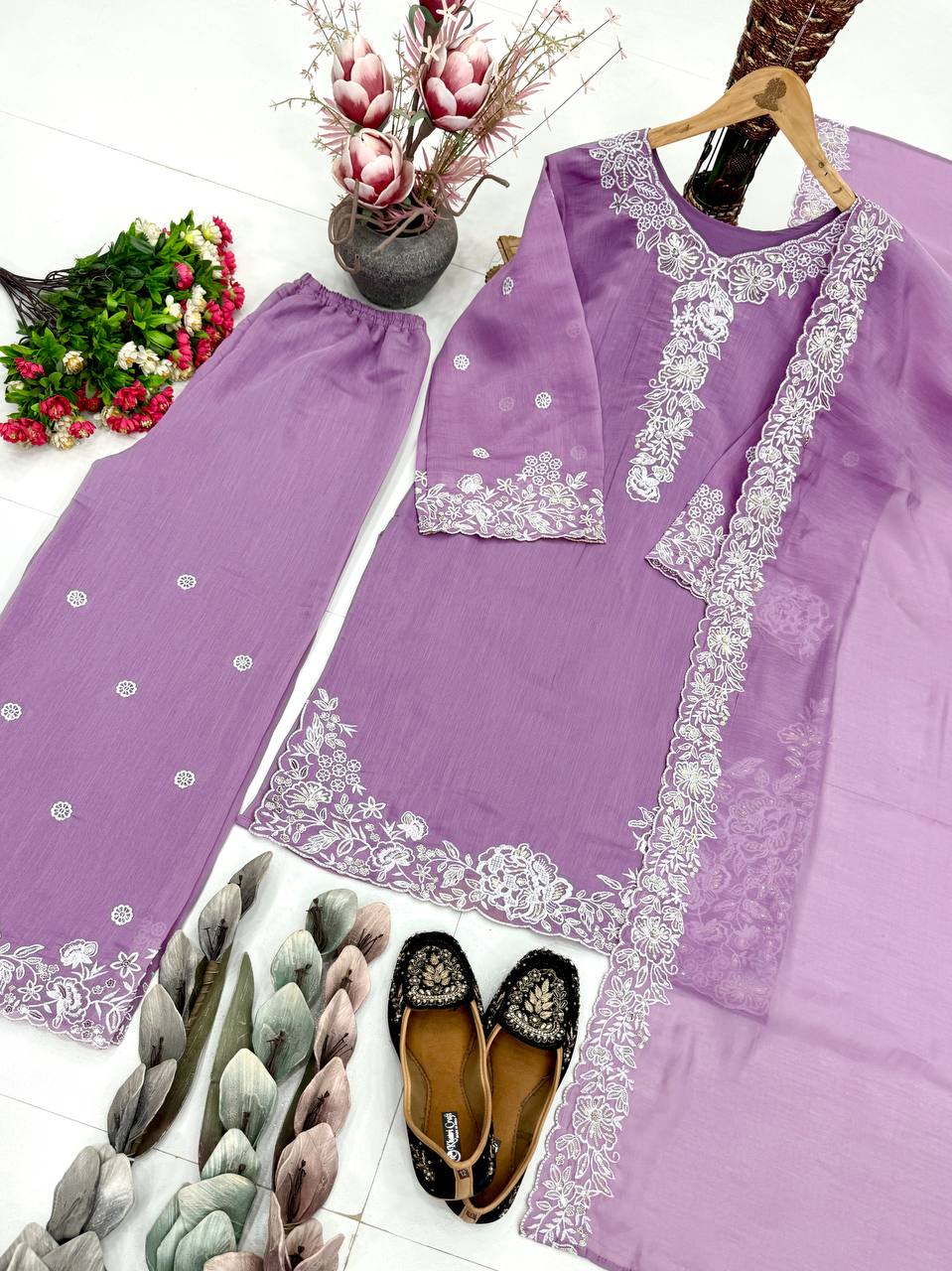 Kashvini Heavy Mal Chanderi Embroidered Sequins Kurti Palazzo with Cutwork Dupatta Set