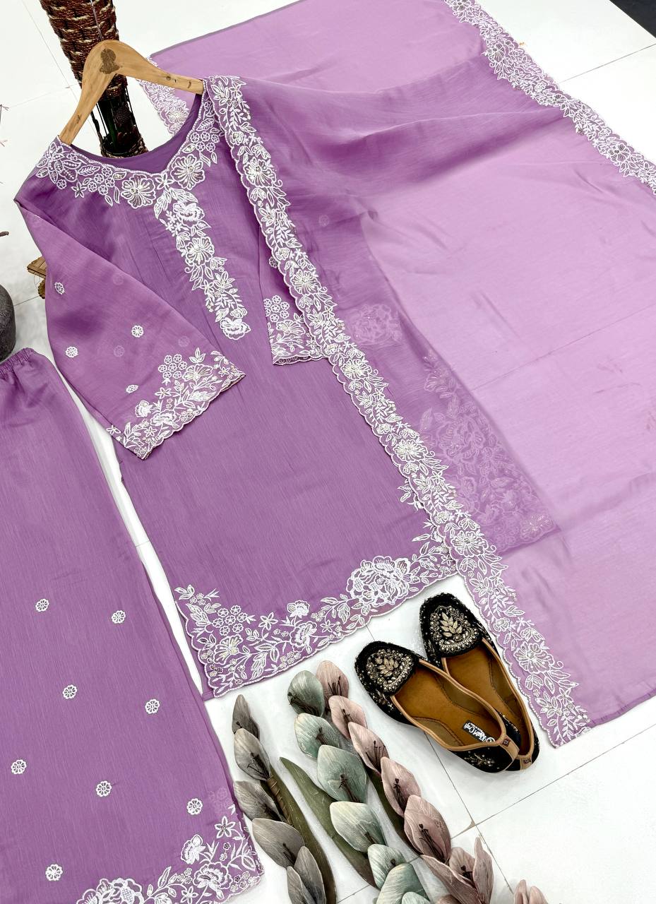 Kashvini Heavy Mal Chanderi Embroidered Sequins Kurti Palazzo with Cutwork Dupatta Set