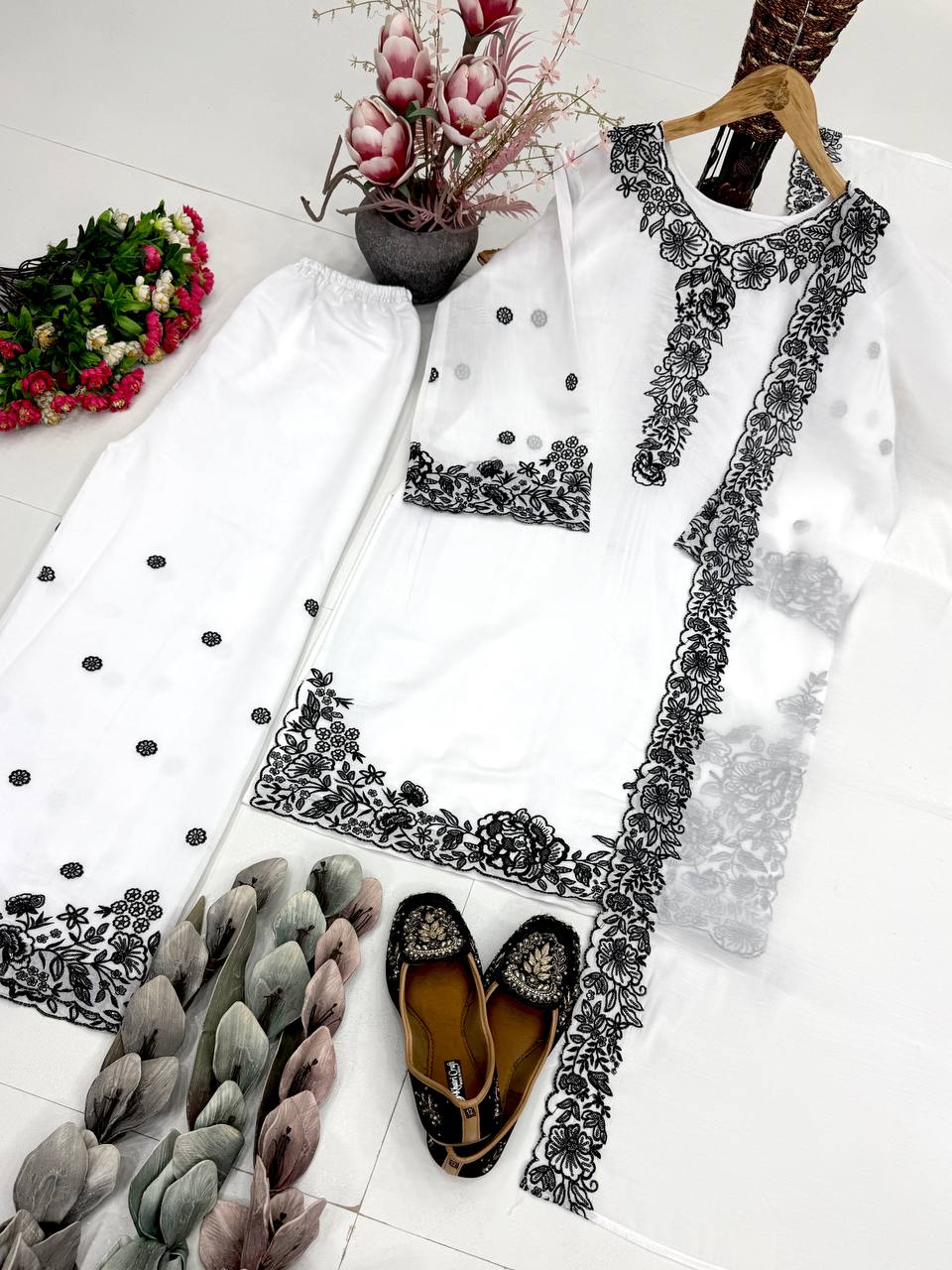 Kashvini Heavy Mal Chanderi Embroidered Sequins Kurti Palazzo with Cutwork Dupatta Set