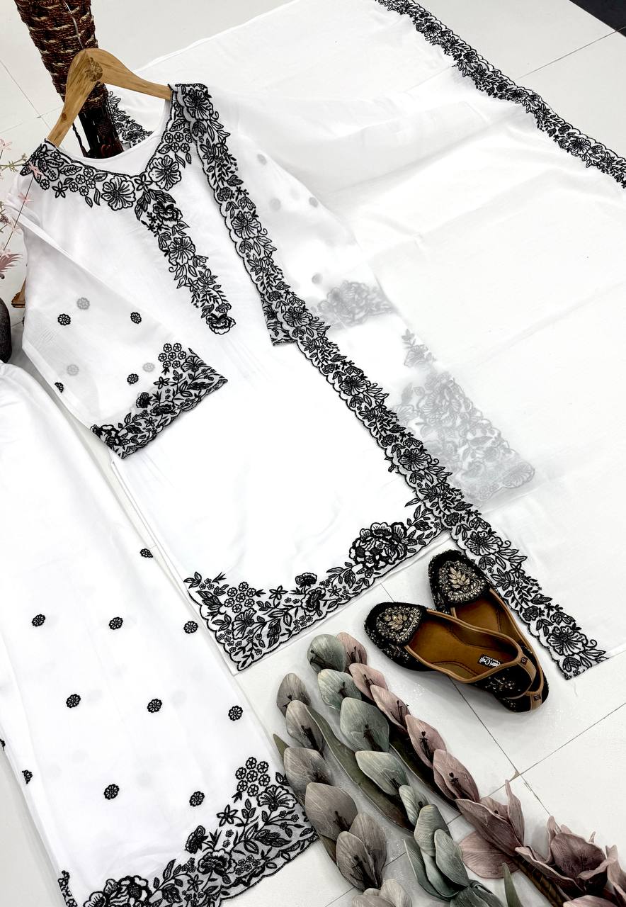 Kashvini Heavy Mal Chanderi Embroidered Sequins Kurti Palazzo with Cutwork Dupatta Set
