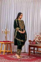 Bottle Green Velvet Straight Fit Kurta Set with Sequins Embroidery Work