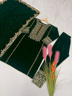 Bottle Green Velvet Straight Fit Kurta Set with Sequins Embroidery Work