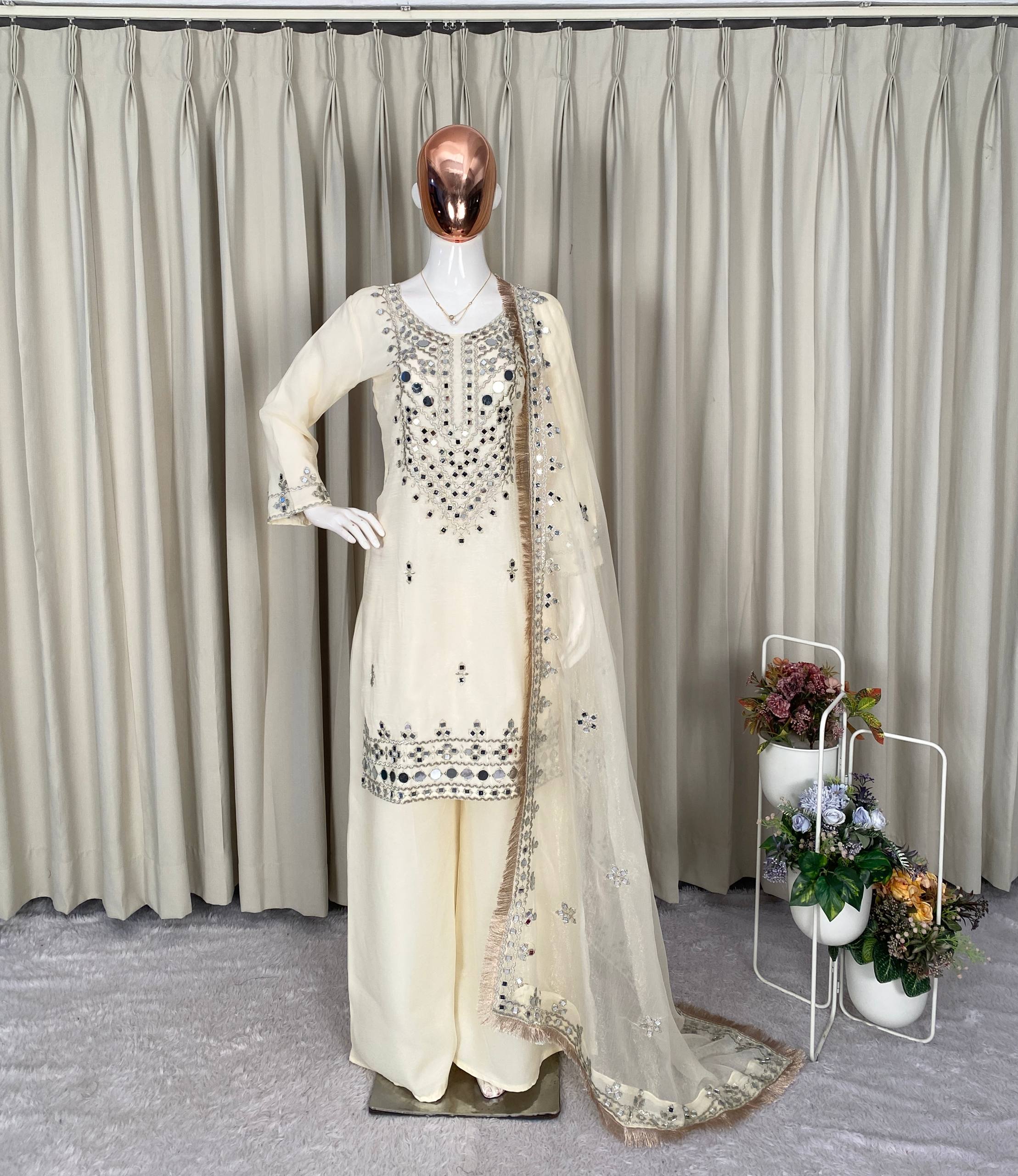 Luxury Mirror Work Palazzo Suit Set with Embroidered Dupatta