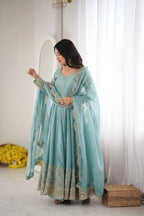 Designer Fendy Silk Gown Set with Heavy Embroidery Codding & Sequin Work, Full Sleeve Gown, Micro Cotton Pant and Matching Dupatta