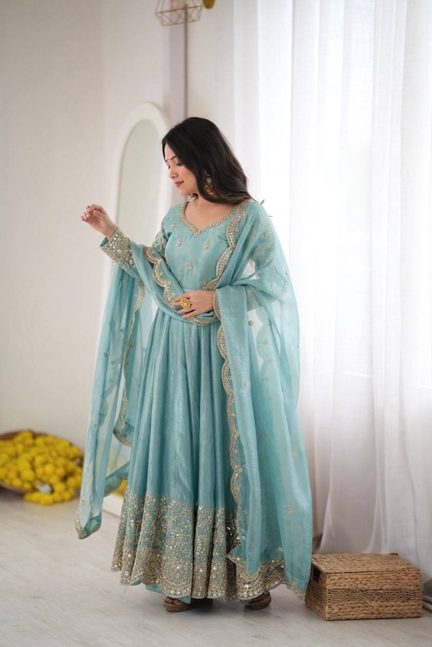 Designer Fendy Silk Gown Set with Heavy Embroidery Codding & Sequin Work, Full Sleeve Gown, Micro Cotton Pant and Matching Dupatta