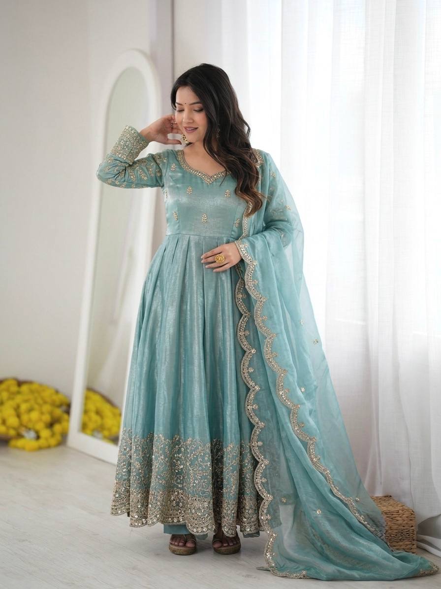 Designer Fendy Silk Gown Set with Heavy Embroidery Codding & Sequin Work, Full Sleeve Gown, Micro Cotton Pant and Matching Dupatta