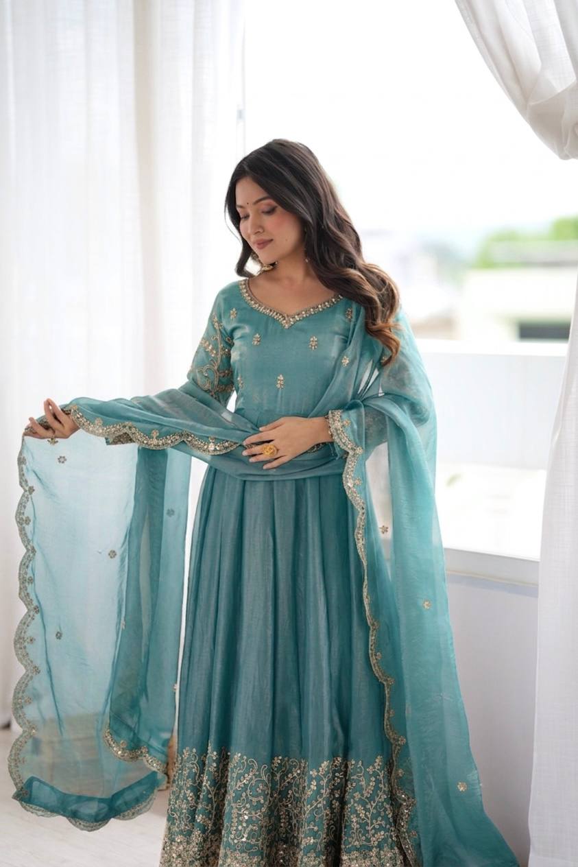 Designer Fendy Silk Gown Set with Heavy Embroidery Codding & Sequin Work, Full Sleeve Gown, Micro Cotton Pant and Matching Dupatta