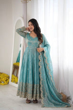 Designer Fendy Silk Gown Set with Heavy Embroidery Codding & Sequin Work, Full Sleeve Gown, Micro Cotton Pant and Matching Dupatta