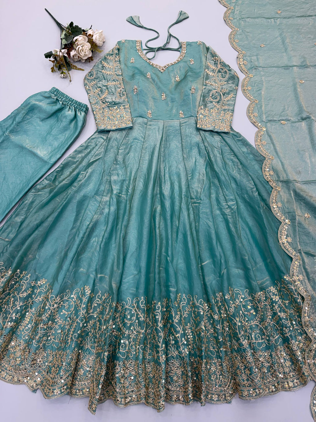 Designer Fendy Silk Gown Set with Heavy Embroidery Codding & Sequin Work, Full Sleeve Gown, Micro Cotton Pant and Matching Dupatta