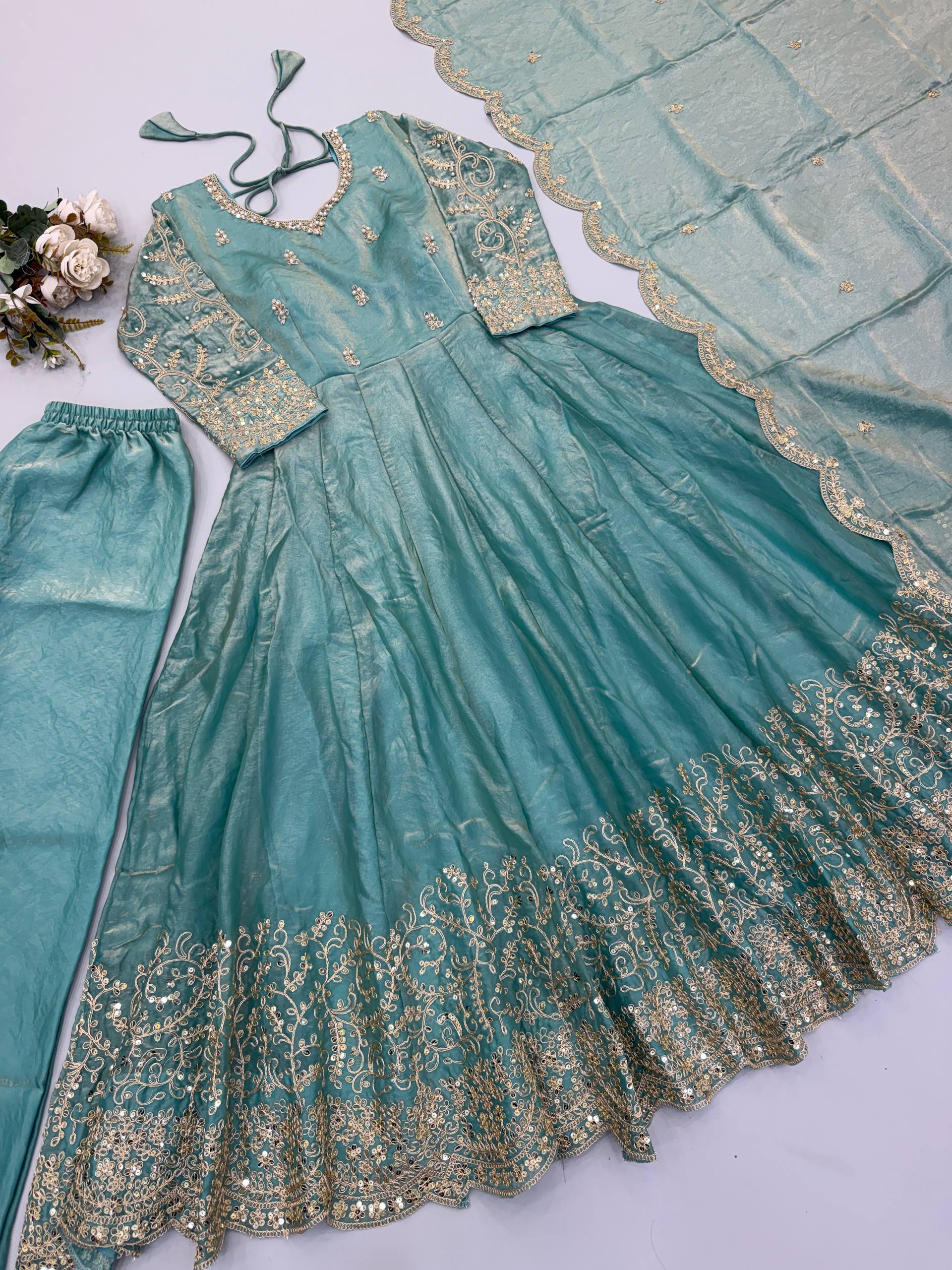 Designer Fendy Silk Gown Set with Heavy Embroidery Codding & Sequin Work, Full Sleeve Gown, Micro Cotton Pant and Matching Dupatta
