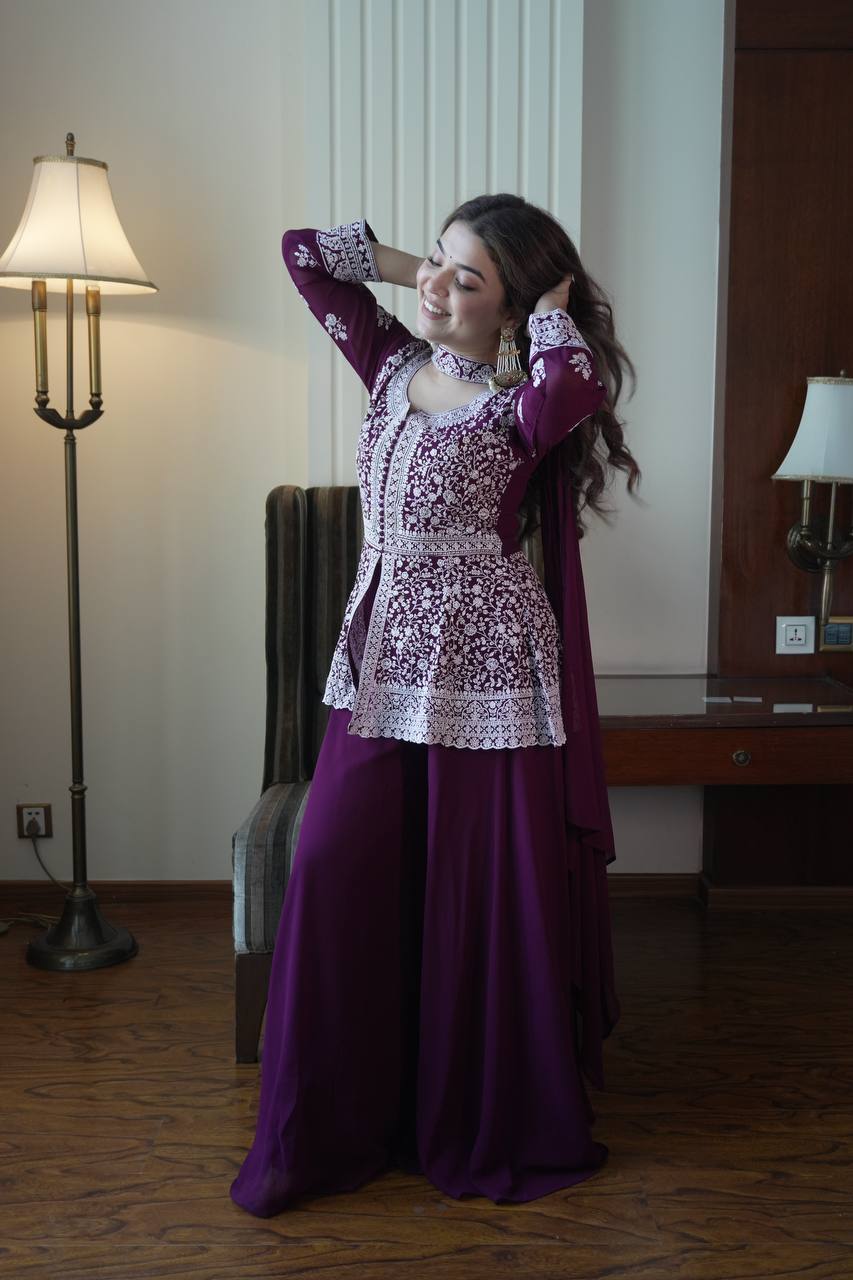 Luxury Embroidered Georgette Kurti with Palazzo and Dupatta