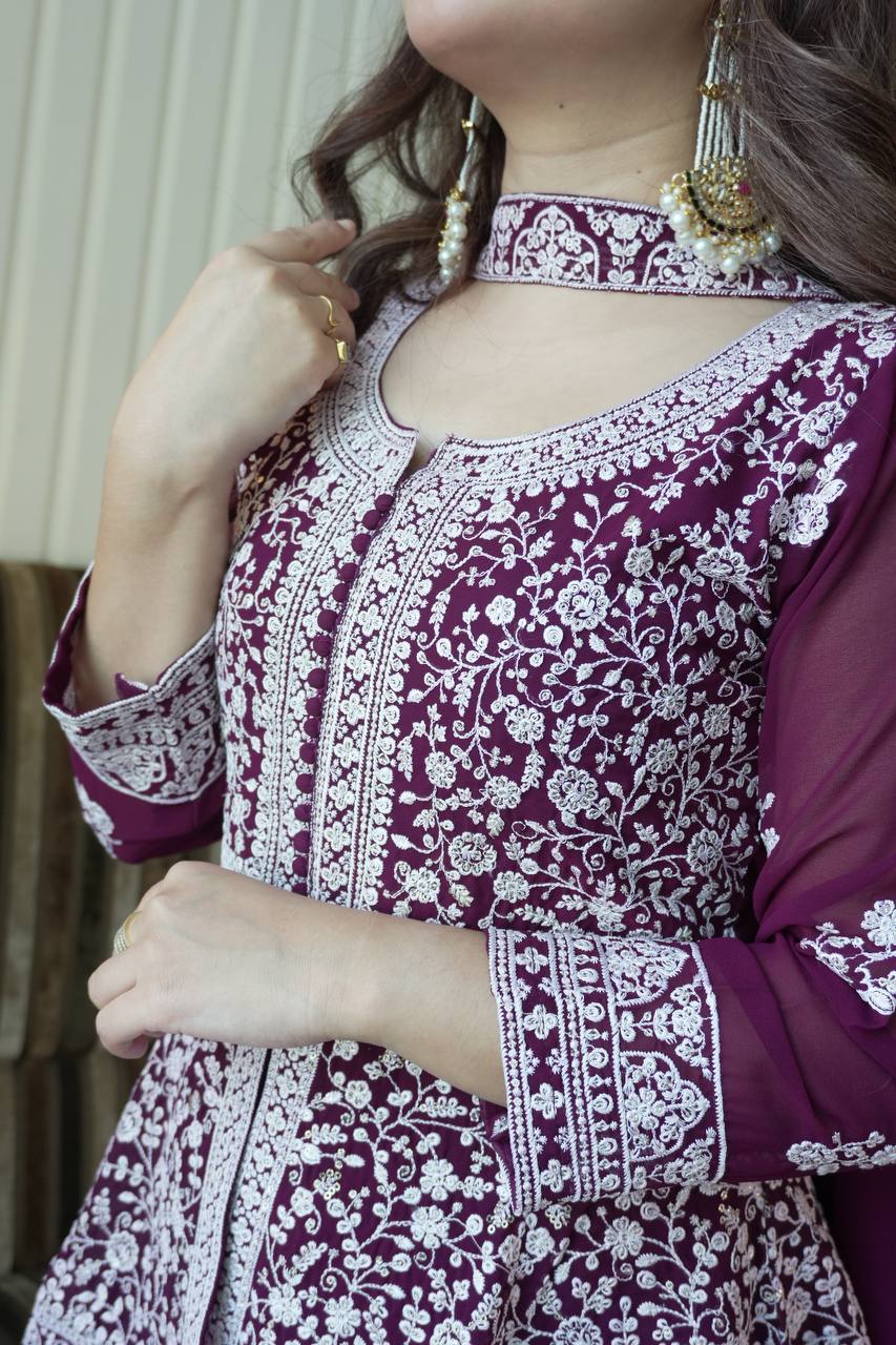 Luxury Embroidered Georgette Kurti with Palazzo and Dupatta
