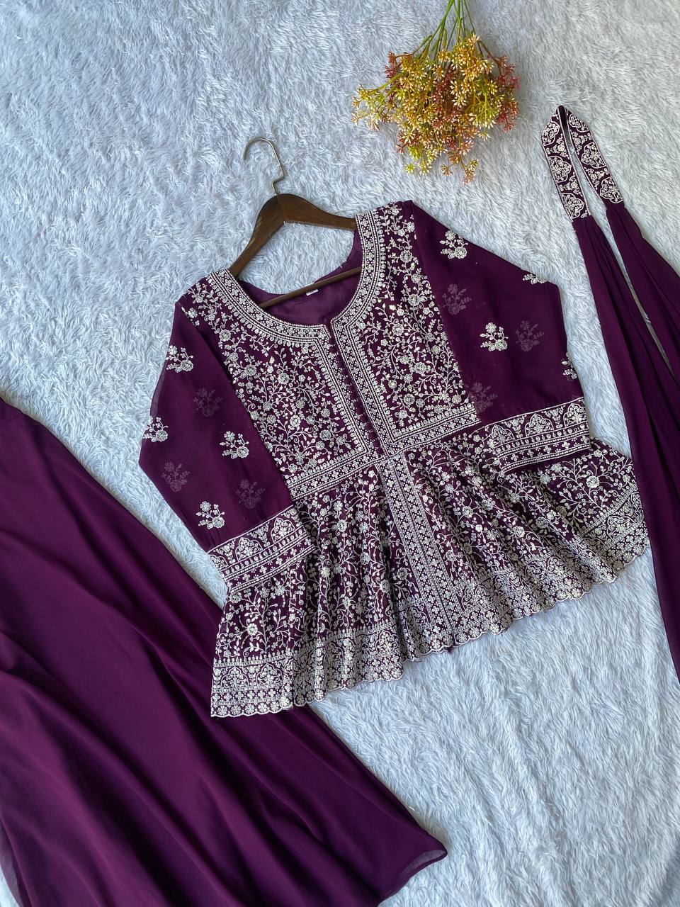 Luxury Embroidered Georgette Kurti with Palazzo and Dupatta