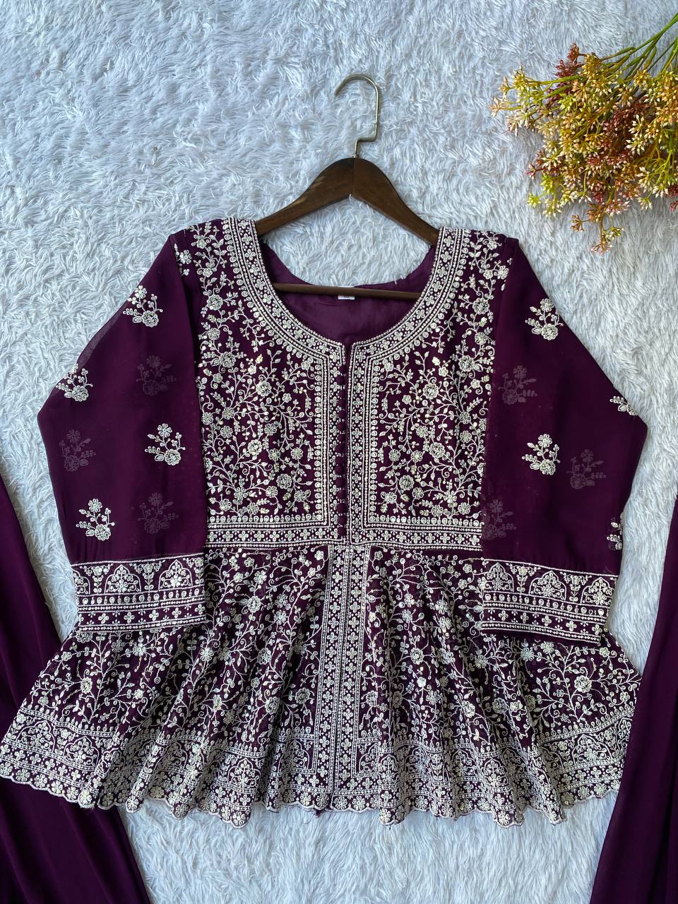 Luxury Embroidered Georgette Kurti with Palazzo and Dupatta