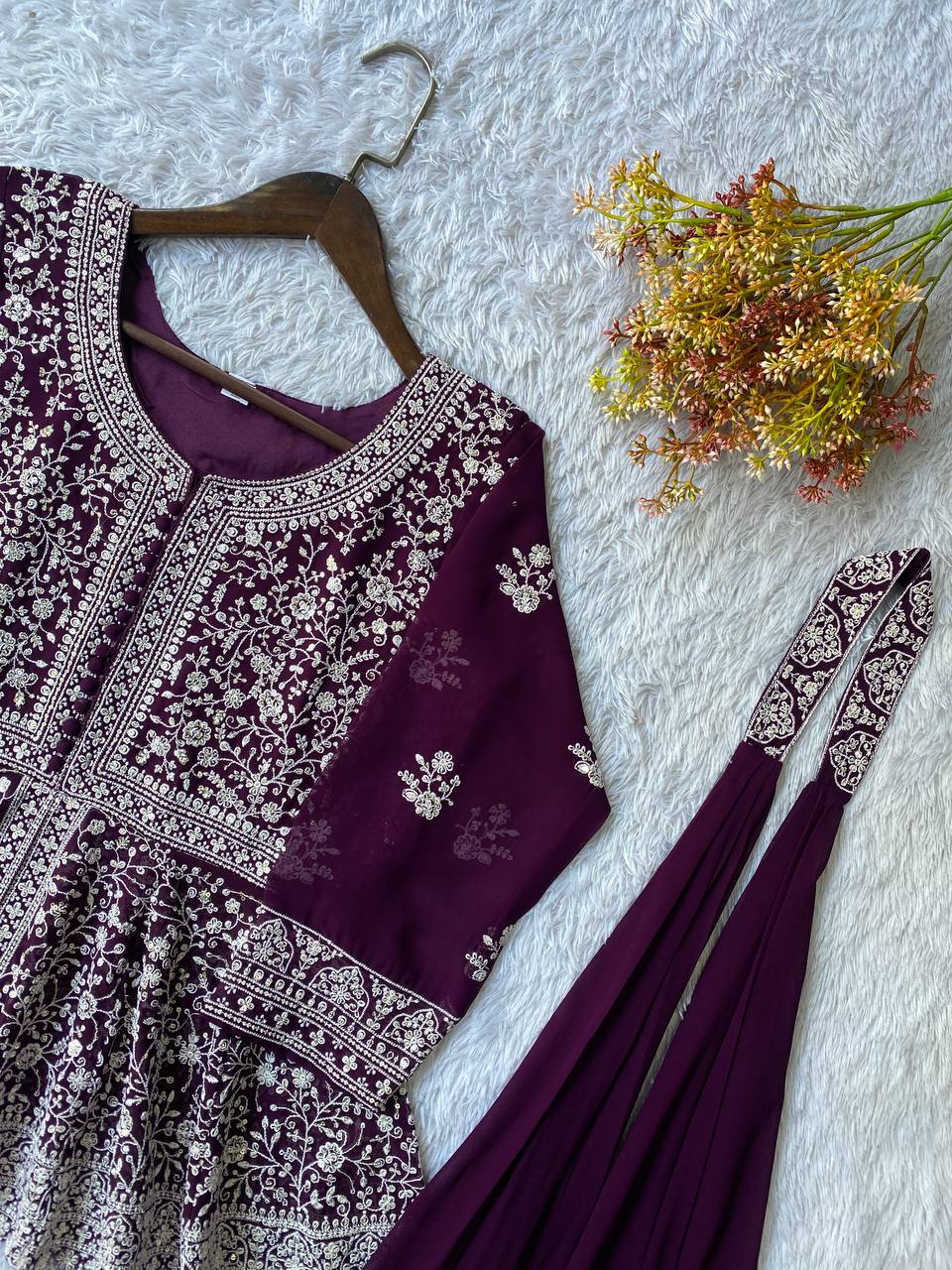 Luxury Embroidered Georgette Kurti with Palazzo and Dupatta