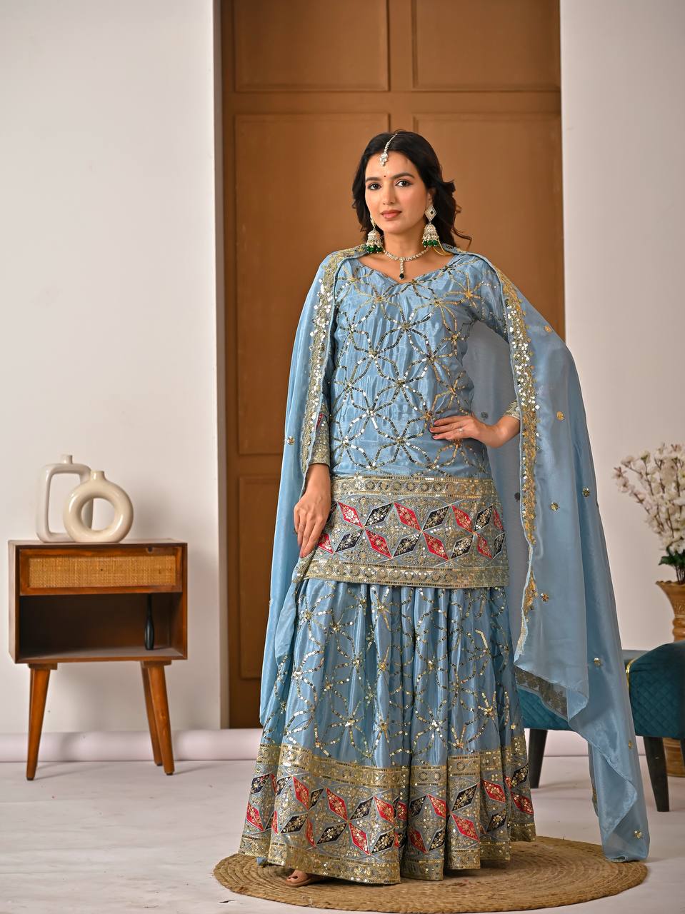 Aarna Zivah Heavy Chinon Silk 5MM Sequence Embroidered Sharara Suit Set with Dupatta
