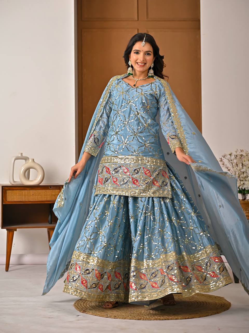 Aarna Zivah Heavy Chinon Silk 5MM Sequence Embroidered Sharara Suit Set with Dupatta