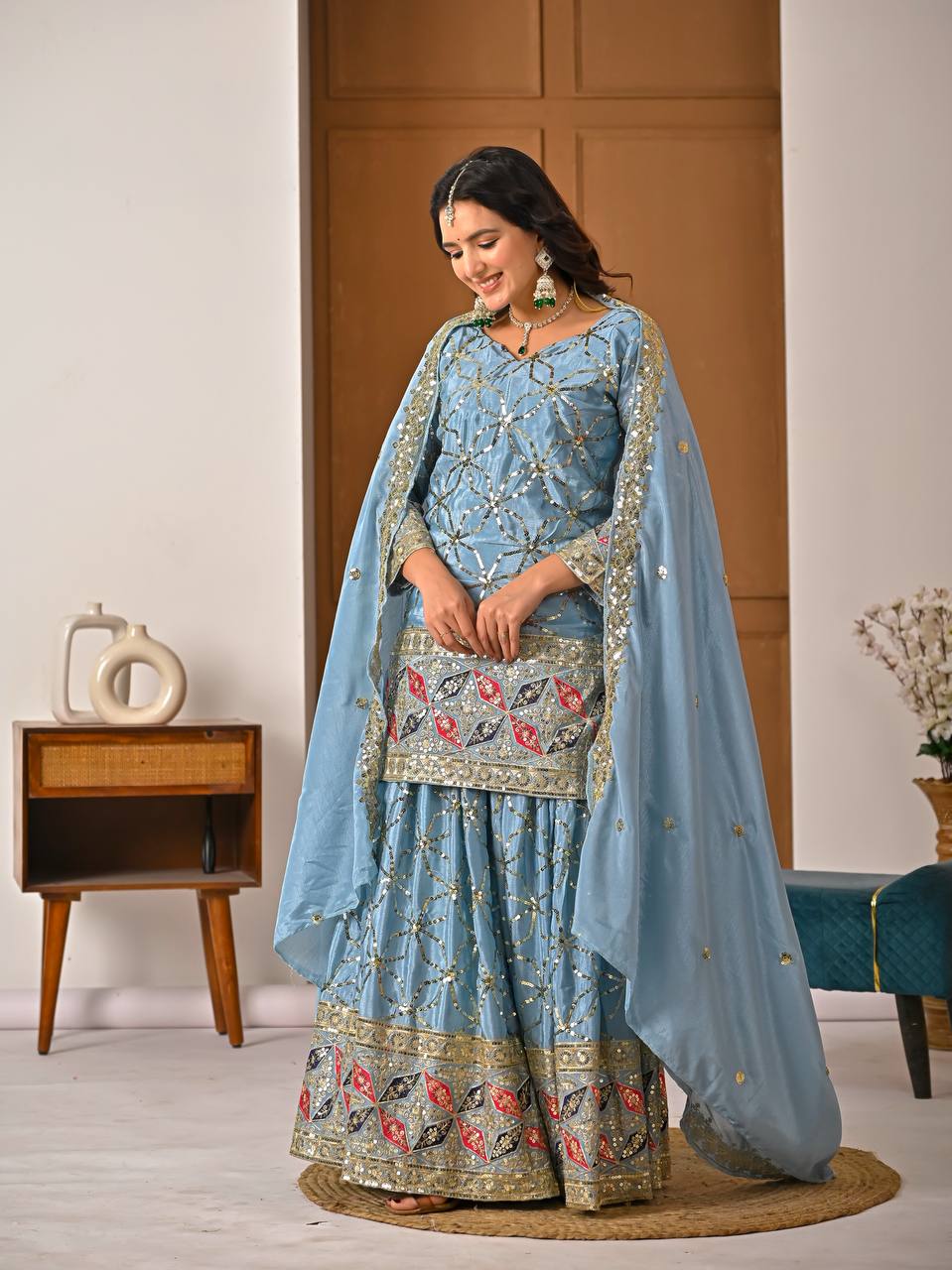 Aarna Zivah Heavy Chinon Silk 5MM Sequence Embroidered Sharara Suit Set with Dupatta