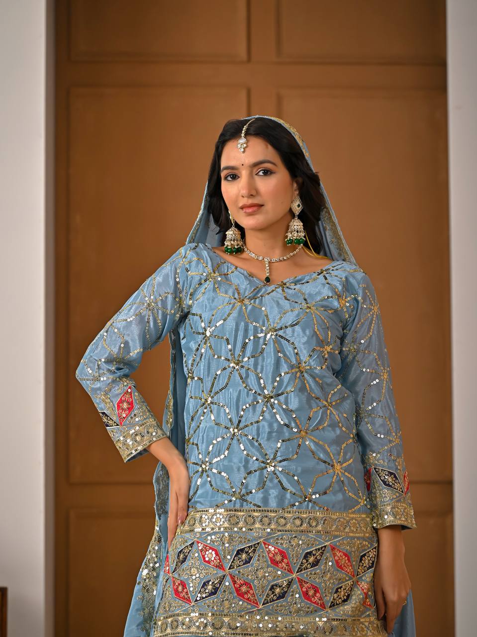 Aarna Zivah Heavy Chinon Silk 5MM Sequence Embroidered Sharara Suit Set with Dupatta