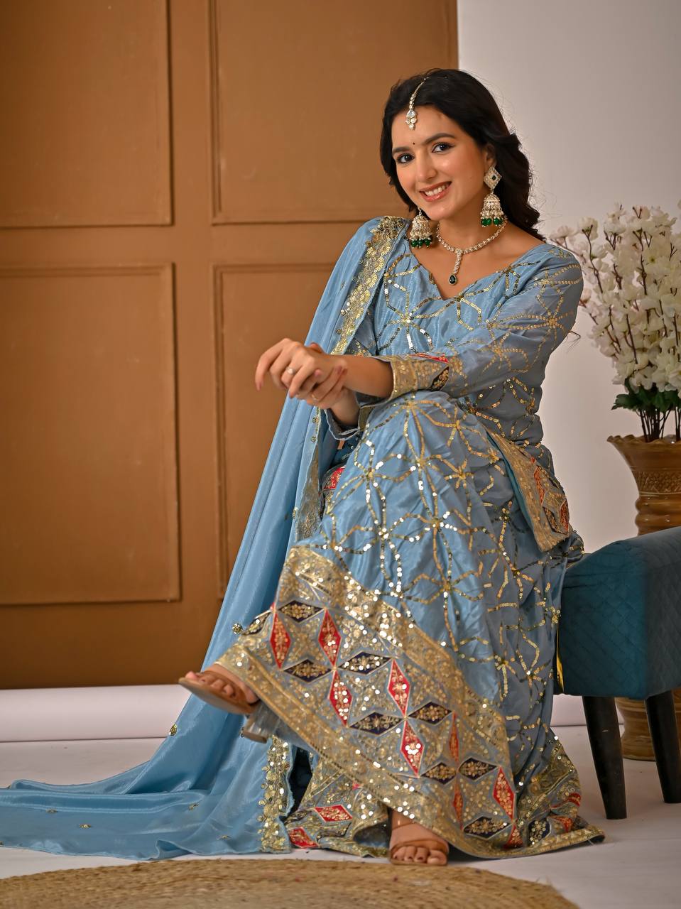 Aarna Zivah Heavy Chinon Silk 5MM Sequence Embroidered Sharara Suit Set with Dupatta