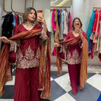 Modern Ethnic French Crepe Sharara Plazzo Set with Embroidery Codding & Sequin Detailing, Full Sleeve Kurta and Lace Border Dupatta