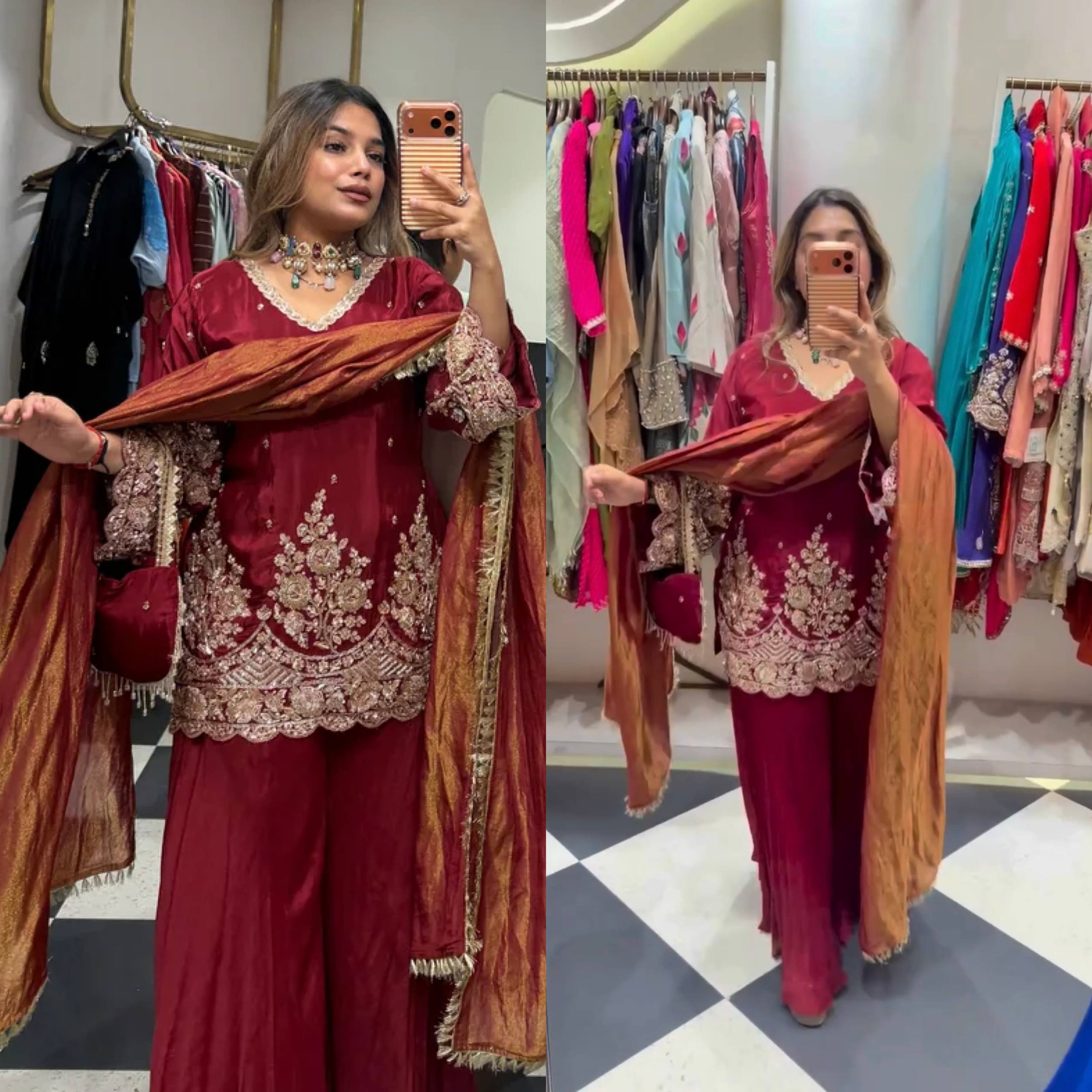 Modern Ethnic French Crepe Sharara Plazzo Set with Embroidery Codding & Sequin Detailing, Full Sleeve Kurta and Lace Border Dupatta