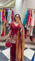 Modern Ethnic French Crepe Sharara Plazzo Set with Embroidery Codding & Sequin Detailing, Full Sleeve Kurta and Lace Border Dupatta