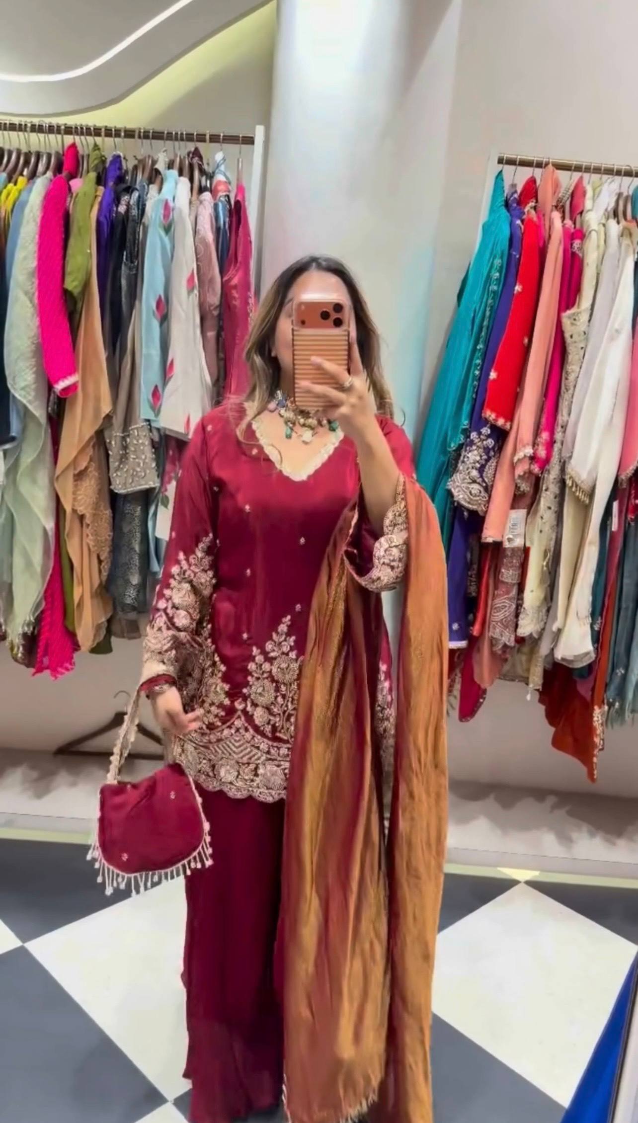 Modern Ethnic French Crepe Sharara Plazzo Set with Embroidery Codding & Sequin Detailing, Full Sleeve Kurta and Lace Border Dupatta