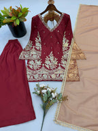 Modern Ethnic French Crepe Sharara Plazzo Set with Embroidery Codding & Sequin Detailing, Full Sleeve Kurta and Lace Border Dupatta