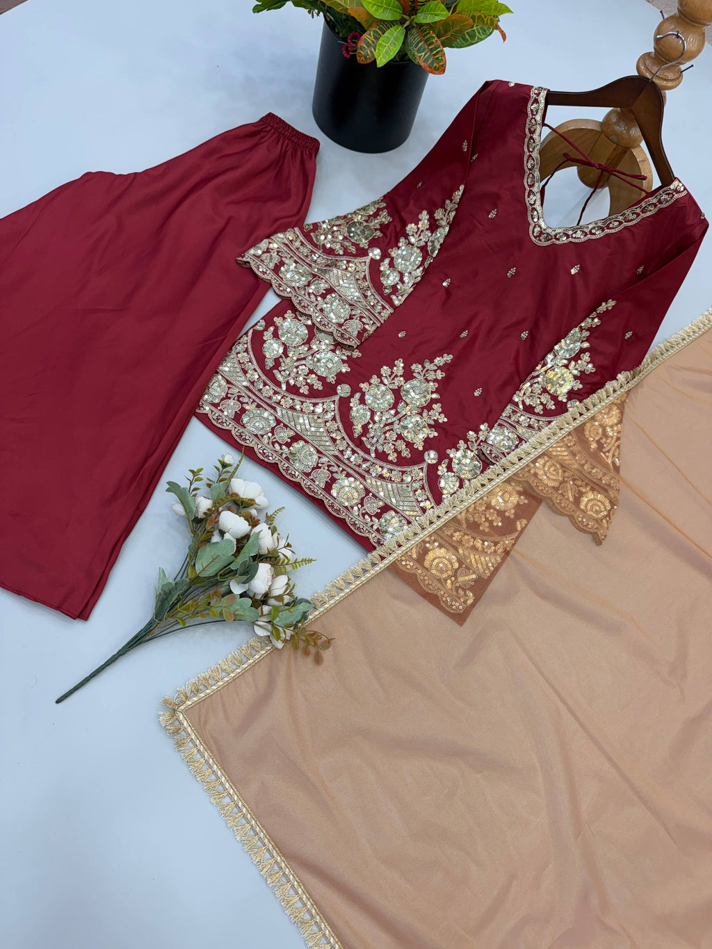 Modern Ethnic French Crepe Sharara Plazzo Set with Embroidery Codding & Sequin Detailing, Full Sleeve Kurta and Lace Border Dupatta