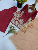 Modern Ethnic French Crepe Sharara Plazzo Set with Embroidery Codding & Sequin Detailing, Full Sleeve Kurta and Lace Border Dupatta