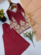 Modern Ethnic French Crepe Sharara Plazzo Set with Embroidery Codding & Sequin Detailing, Full Sleeve Kurta and Lace Border Dupatta
