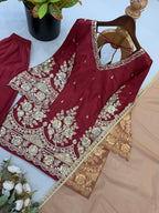 Modern Ethnic French Crepe Sharara Plazzo Set with Embroidery Codding & Sequin Detailing, Full Sleeve Kurta and Lace Border Dupatta