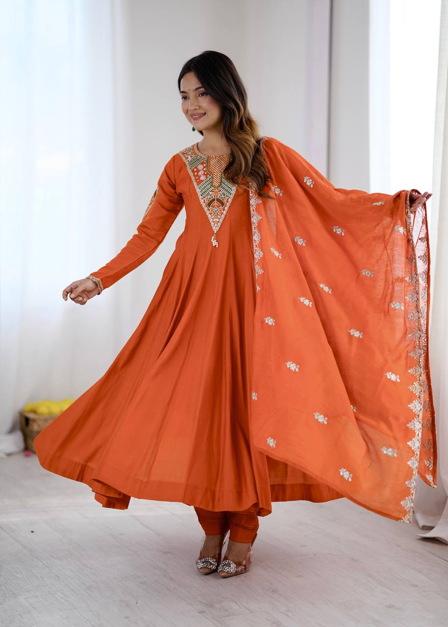 Premium Ethnic Roman Silk Anarkali Three Piece Outfit with Elegant Real Mirror & Sequin Embroidery, Ready to Wear Gown, Bottom & Dupatta