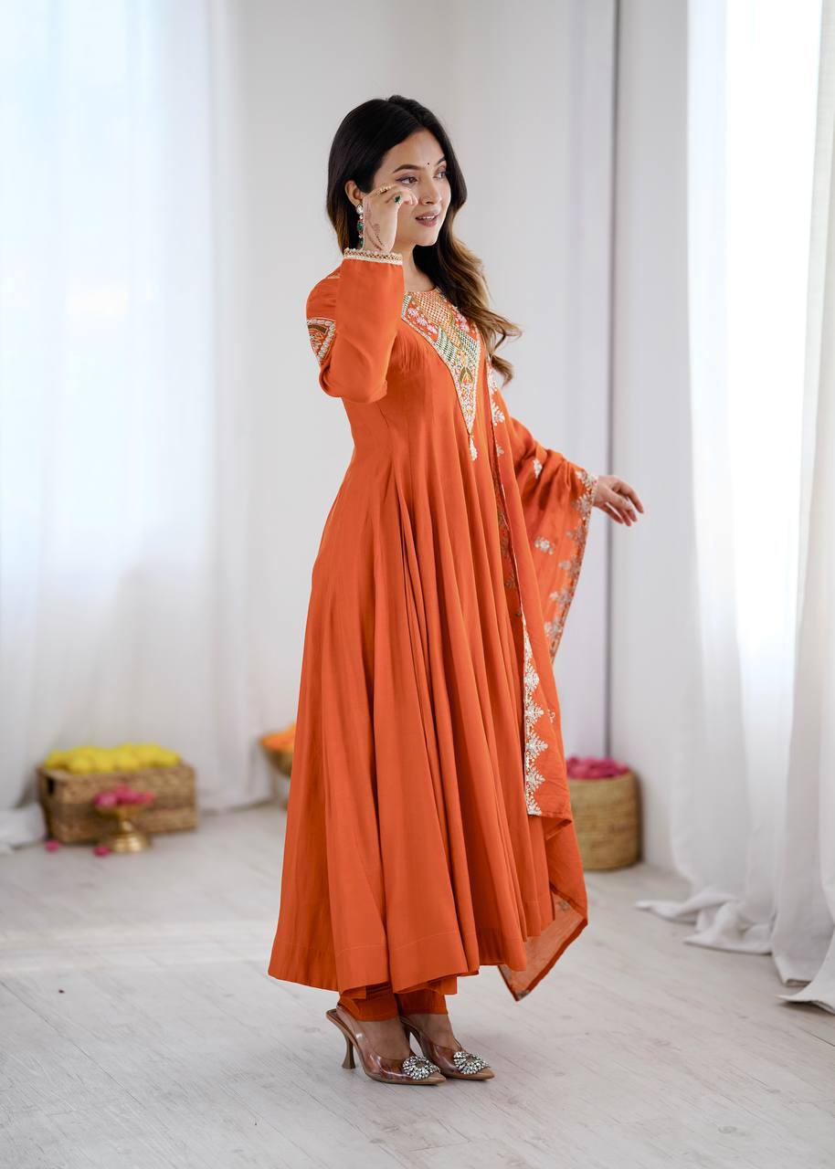 Premium Ethnic Roman Silk Anarkali Three Piece Outfit with Elegant Real Mirror & Sequin Embroidery, Ready to Wear Gown, Bottom & Dupatta