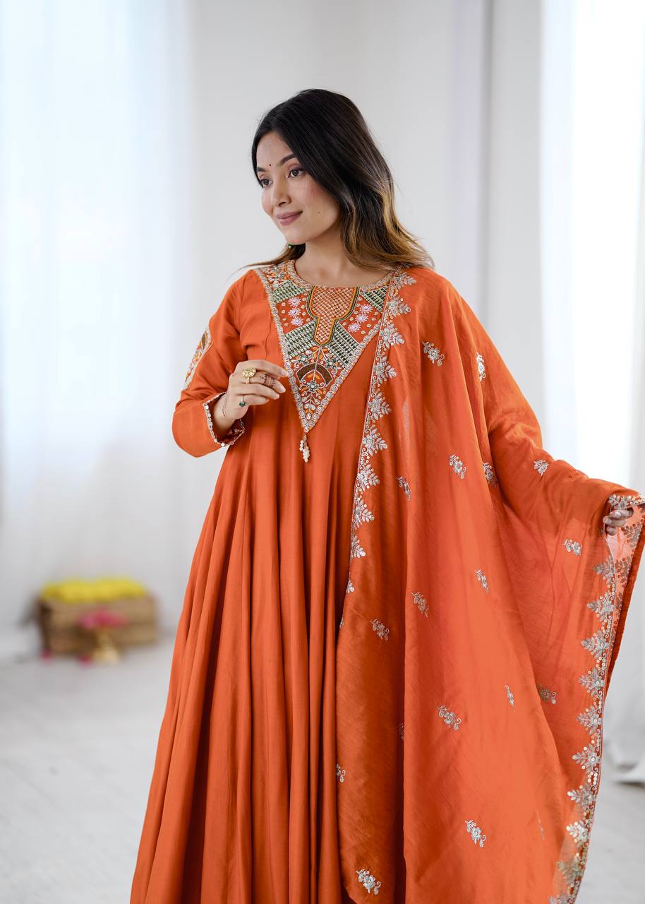 Premium Ethnic Roman Silk Anarkali Three Piece Outfit with Elegant Real Mirror & Sequin Embroidery, Ready to Wear Gown, Bottom & Dupatta