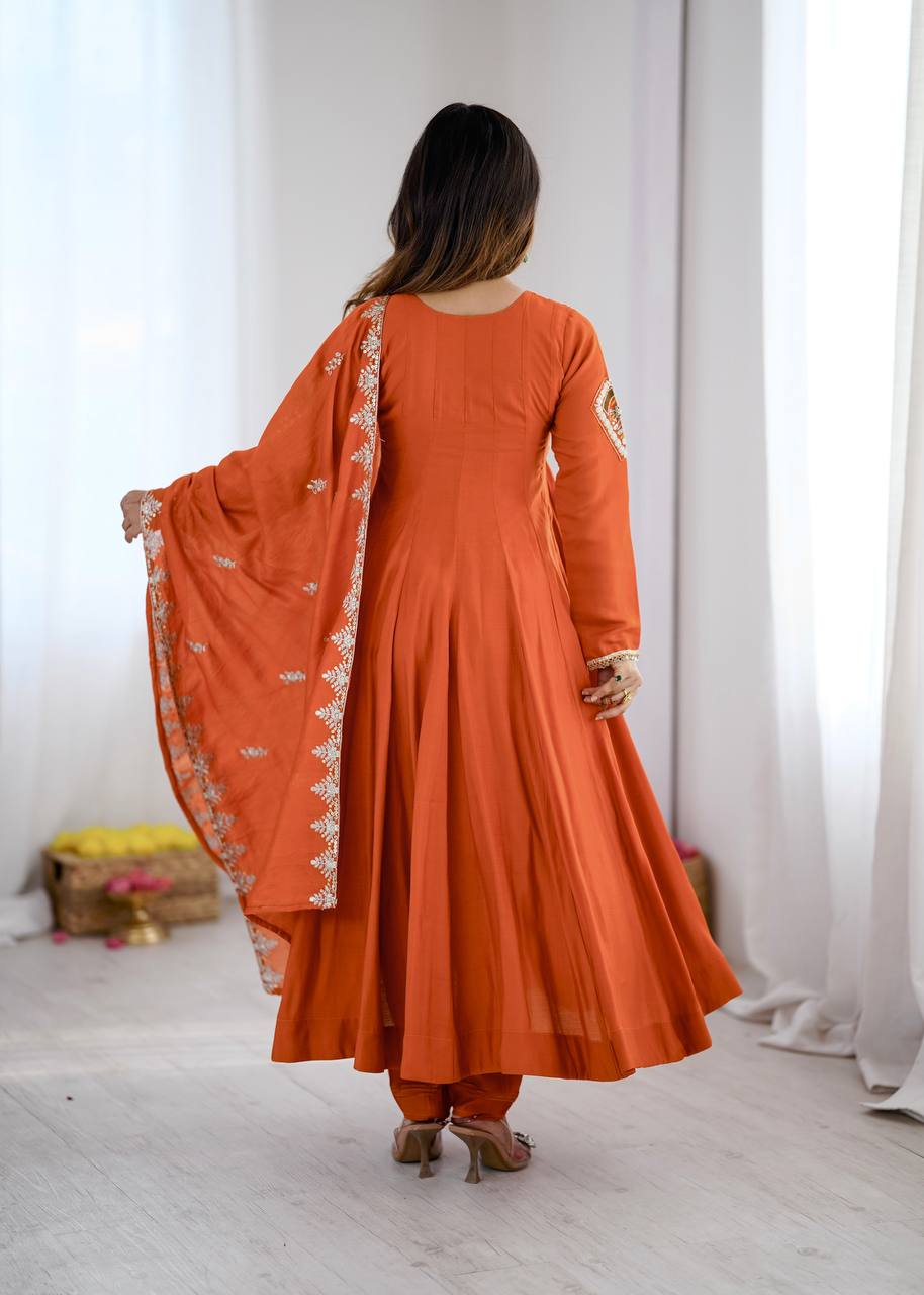 Premium Ethnic Roman Silk Anarkali Three Piece Outfit with Elegant Real Mirror & Sequin Embroidery, Ready to Wear Gown, Bottom & Dupatta