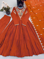 Premium Ethnic Roman Silk Anarkali Three Piece Outfit with Elegant Real Mirror & Sequin Embroidery, Ready to Wear Gown, Bottom & Dupatta
