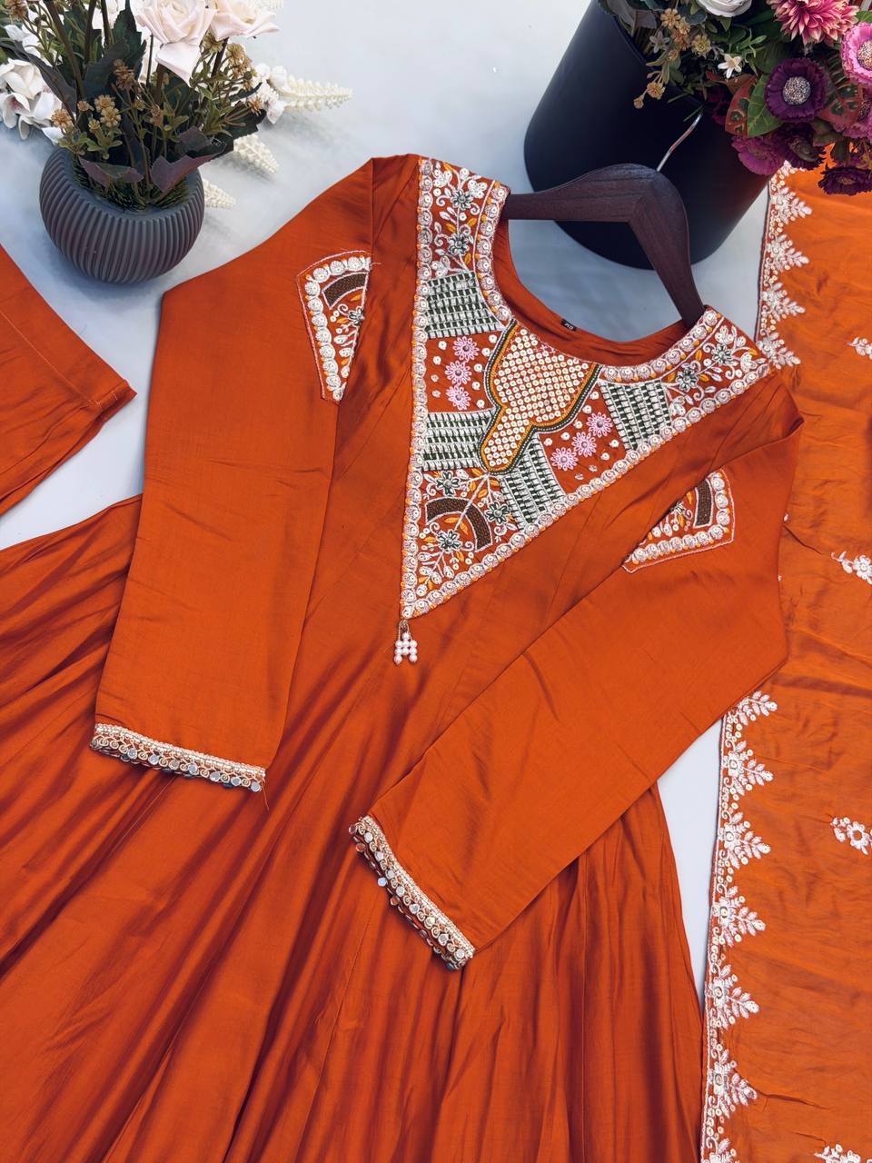 Premium Ethnic Roman Silk Anarkali Three Piece Outfit with Elegant Real Mirror & Sequin Embroidery, Ready to Wear Gown, Bottom & Dupatta