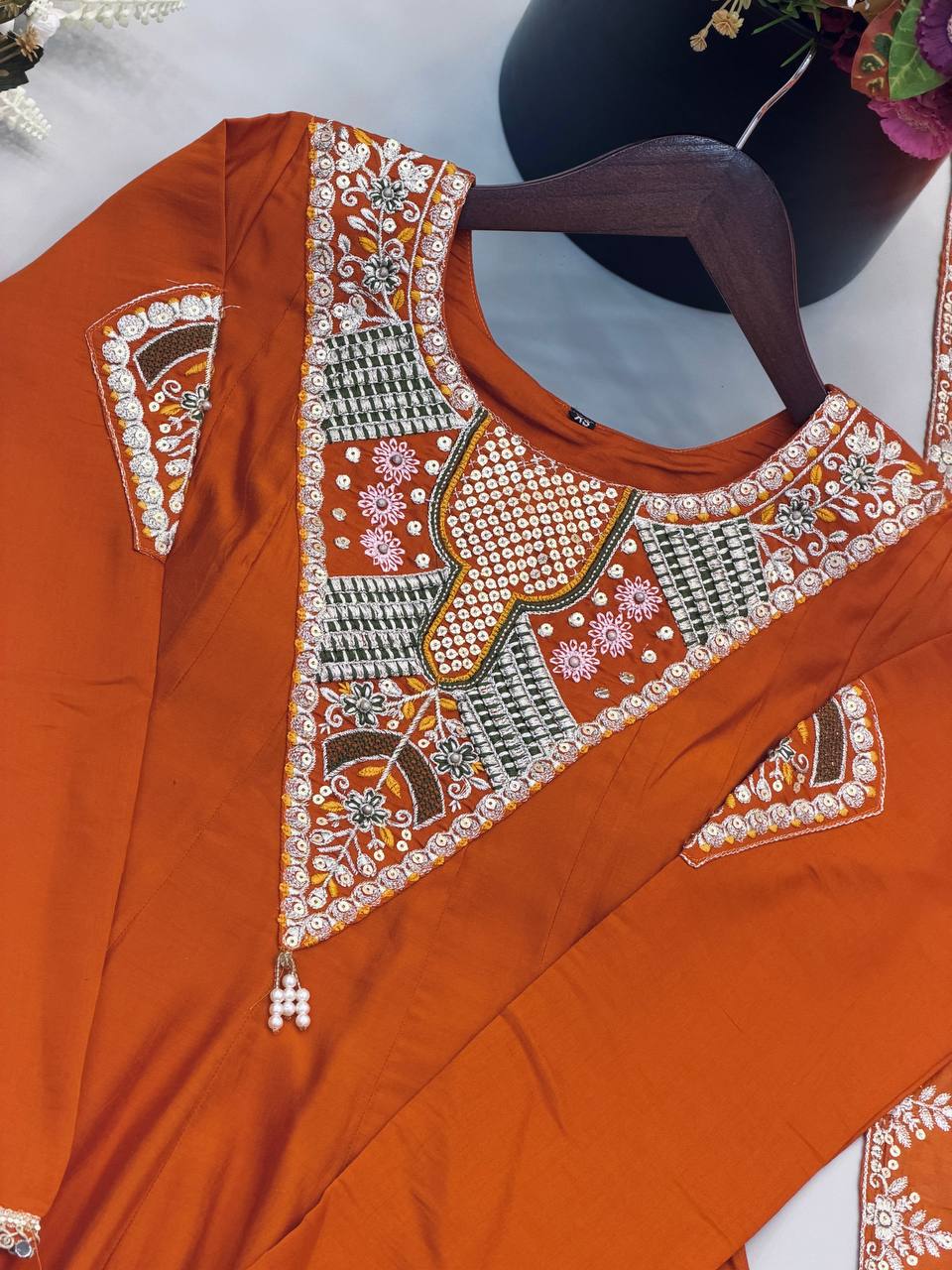 Premium Ethnic Roman Silk Anarkali Three Piece Outfit with Elegant Real Mirror & Sequin Embroidery, Ready to Wear Gown, Bottom & Dupatta