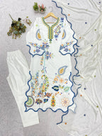 Mehrza Designer Star Silk Pakistani Kurti with Real Mirror Embroidery, Cut Work Pant & Rangoli Dupatta