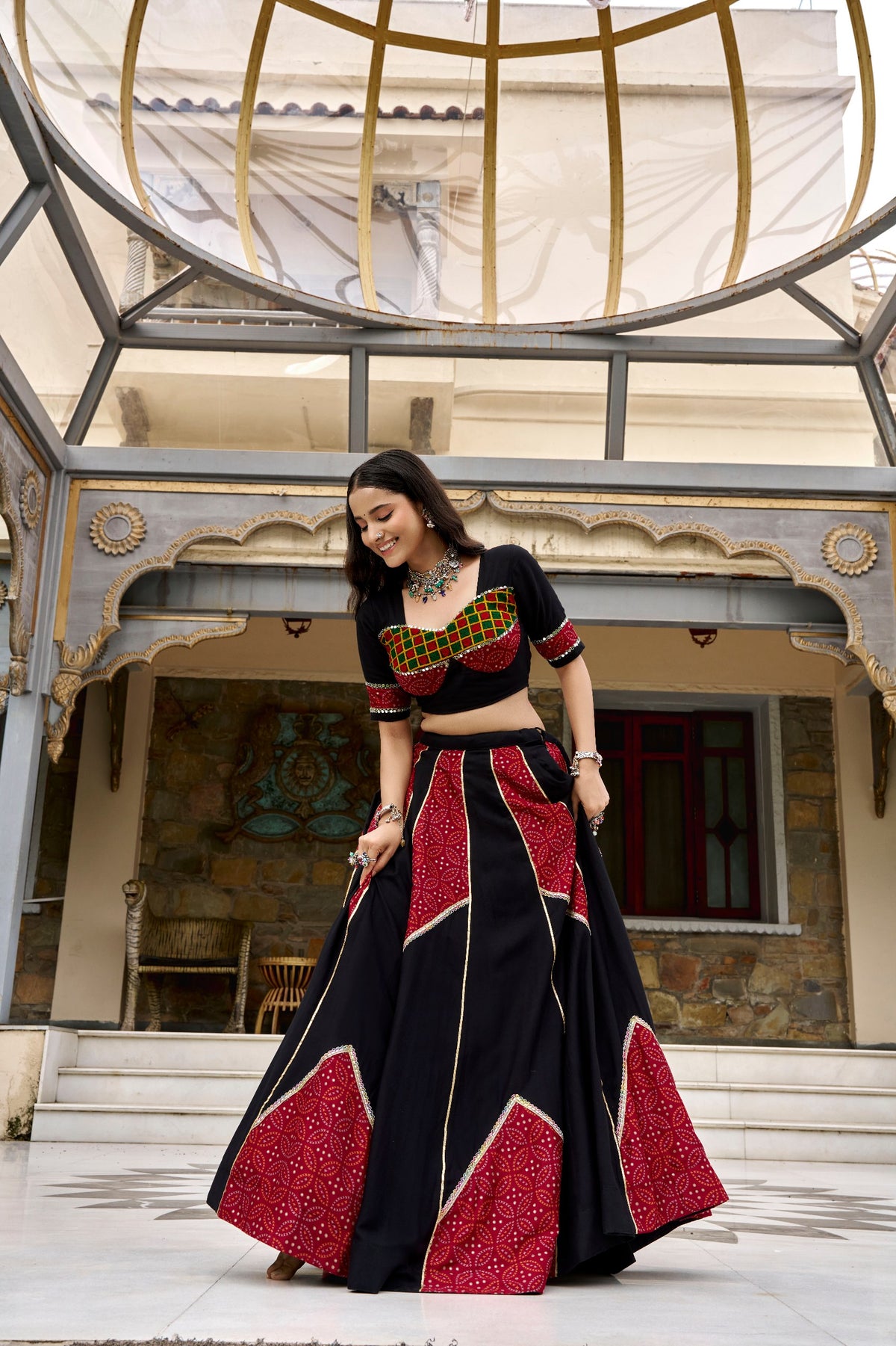 Saibo Rayon Ajrakh Printed Designer Lehenga Choli With Gotta Patti & Mirror Lace Work
